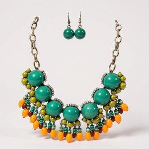 Multi green and orange Lucite bead dangle Necklace Earring set